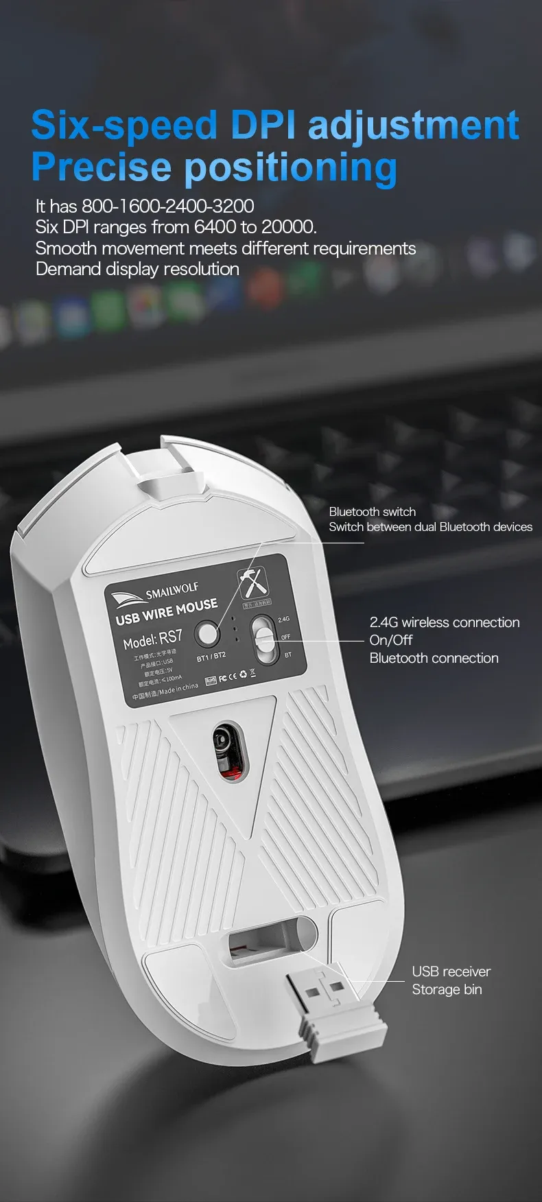 Connectivité sans fil de la souris SMAILWOLF RS7