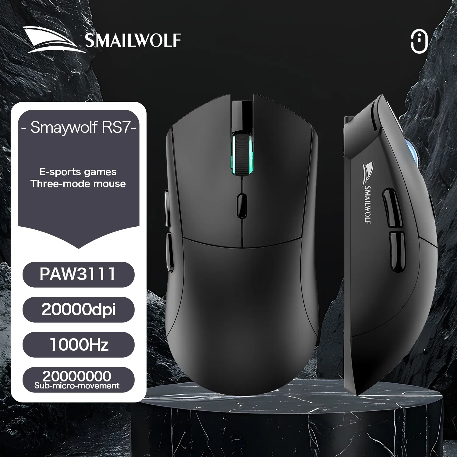 SOURIS DE JEU SANS FIL BLUETOOTH SMAILWOLF RS7, CAPTEUR PAW3311, 20000 DPI, PILOTE MACRO 11