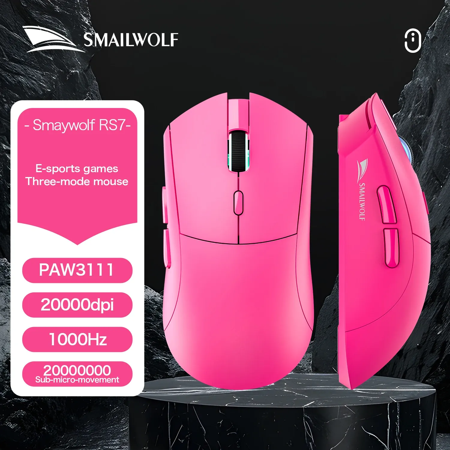 SOURIS DE JEU SANS FIL BLUETOOTH SMAILWOLF RS7, CAPTEUR PAW3311, 20000 DPI, PILOTE MACRO 10