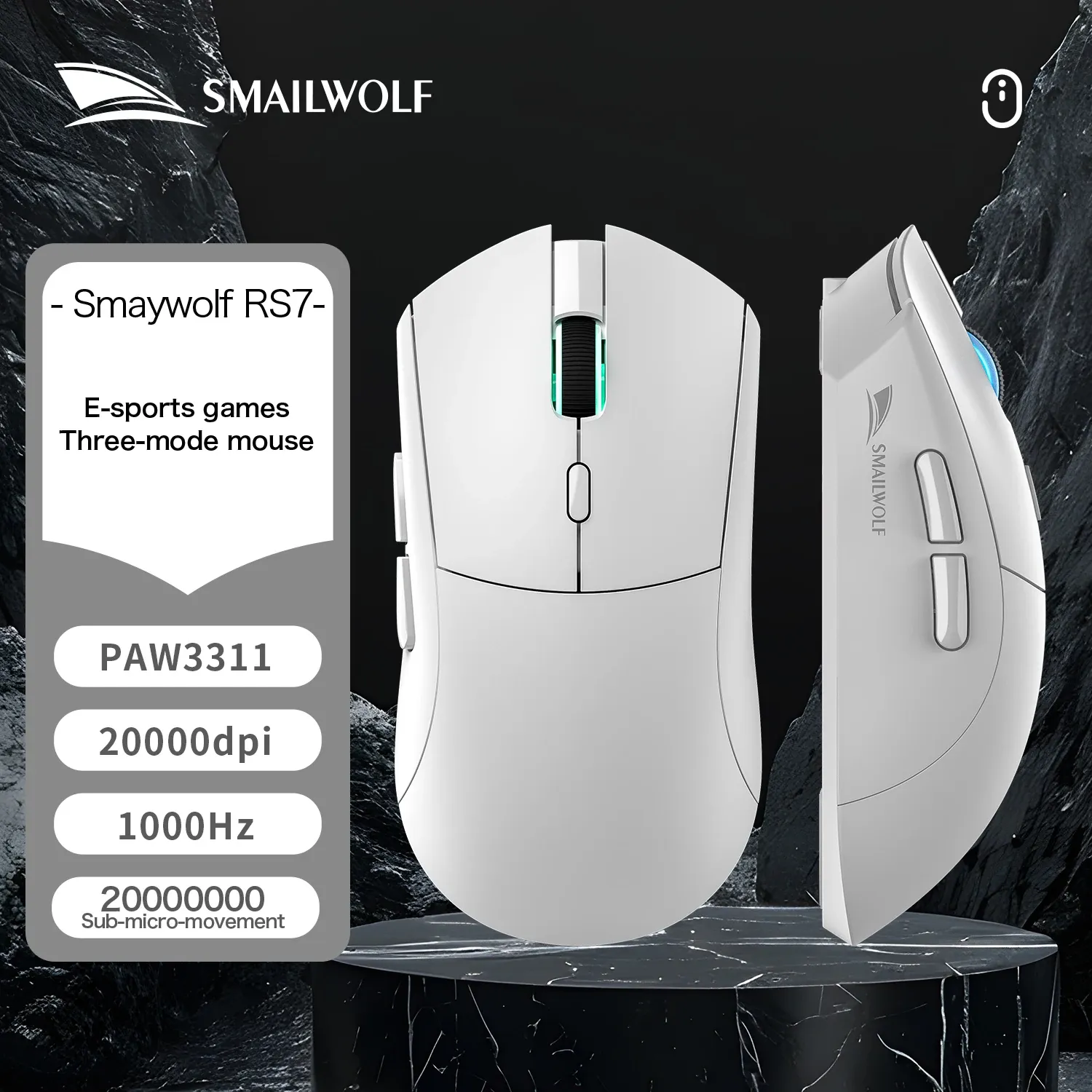 SOURIS DE JEU SANS FIL BLUETOOTH SMAILWOLF RS7, CAPTEUR PAW3311, 20000 DPI, PILOTE MACRO 8
