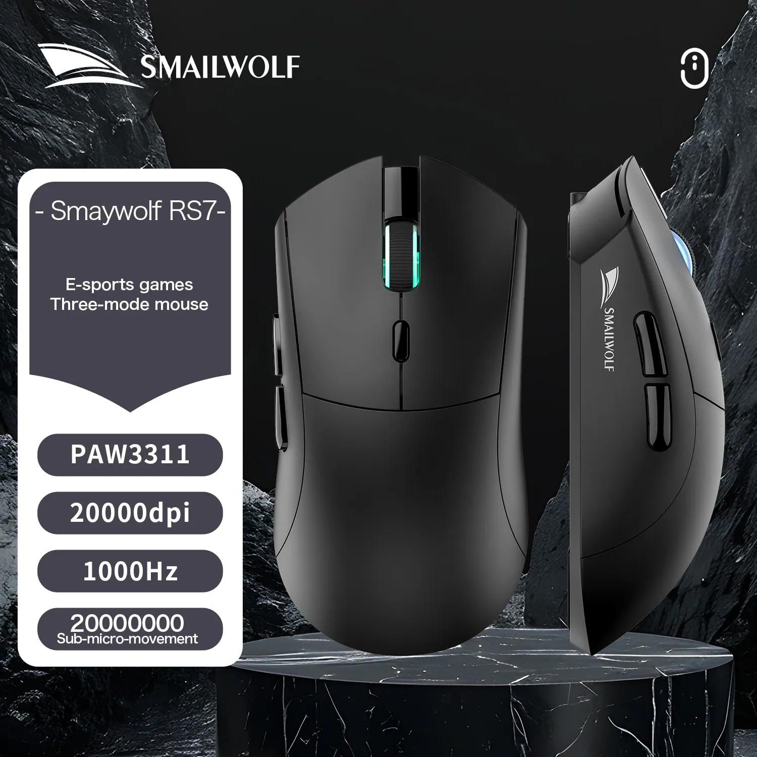 SOURIS DE JEU SANS FIL BLUETOOTH SMAILWOLF RS7, CAPTEUR PAW3311, 20000 DPI, PILOTE MACRO 7
