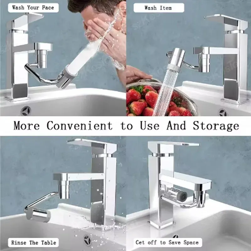 1 pièce Rallonge de robinet pivotante 1080° en acier inoxydable, anti-éclaboussures, double mode de pulvérisation, accessoire universel pour lavabo de salle de bain, avec adaptateur 5