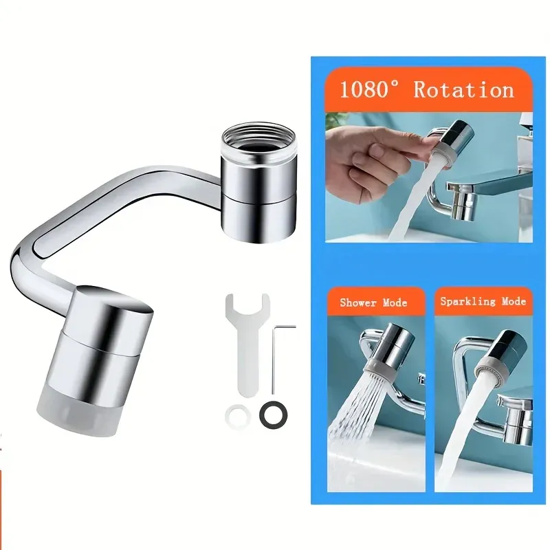 1 pièce Rallonge de robinet pivotante 1080° en acier inoxydable, anti-éclaboussures, double mode de pulvérisation, accessoire universel pour lavabo de salle de bain, avec adaptateur 8
