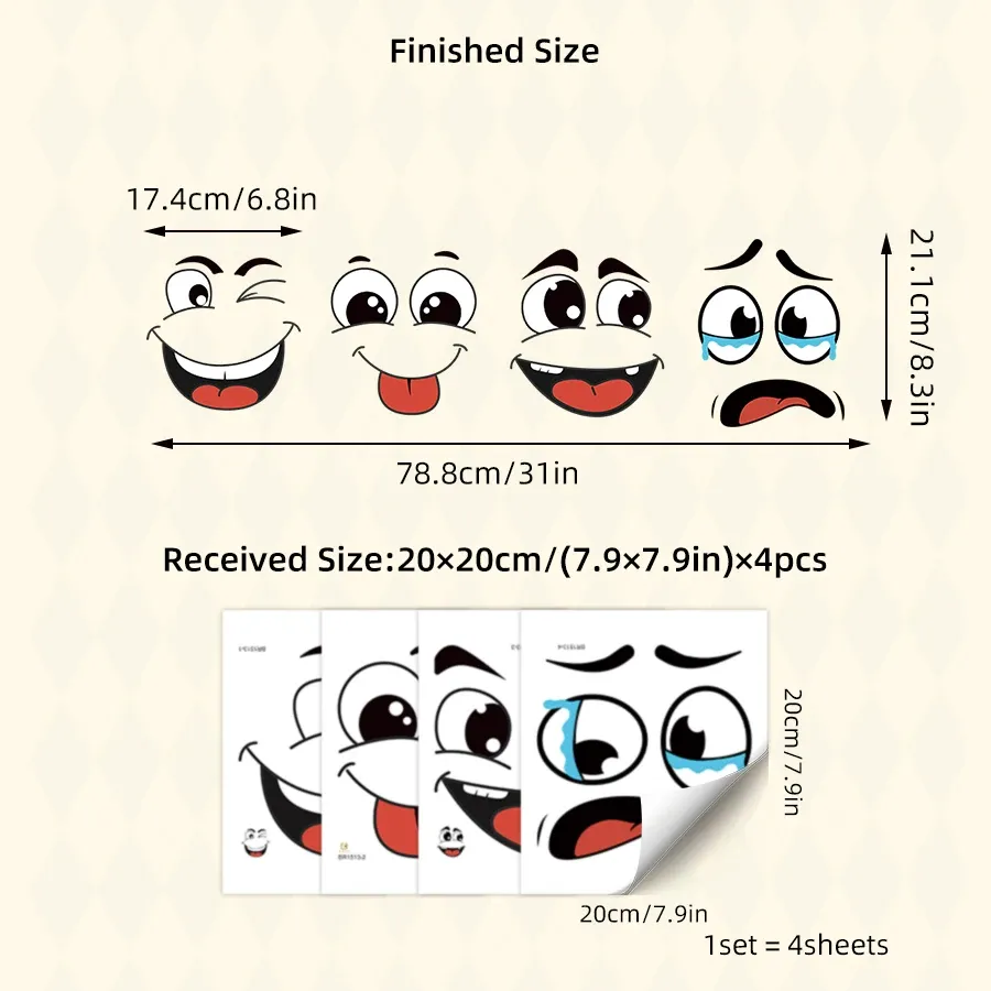 Autocollants visage de dessin animé pour poubelle murale, lot de 4, décoration auto-adhésive 6