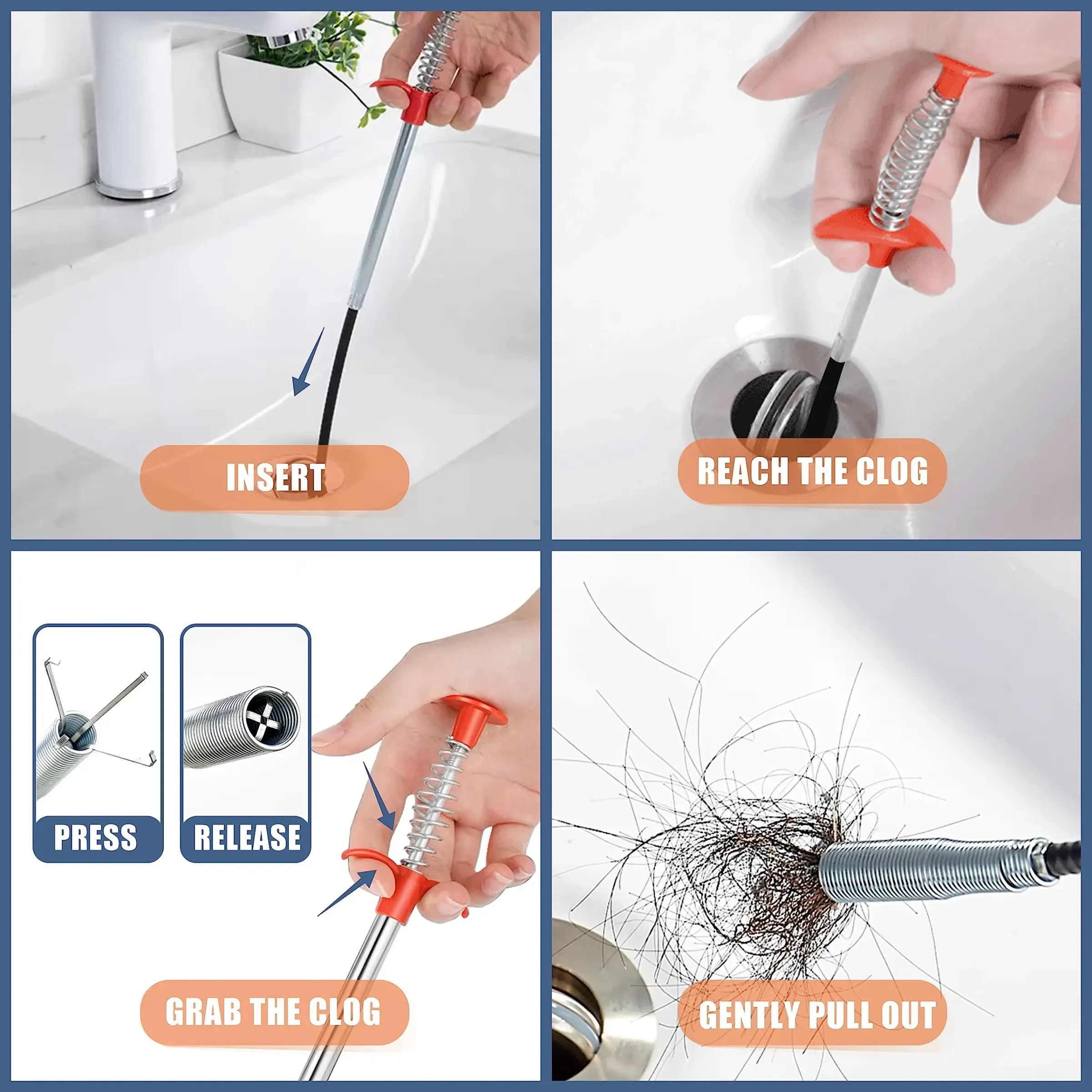 Déboucheur de canalisations 35,5 pouces, serpent de débouchage 25 pouces et brosse de nettoyage, kit d'outils avec attrape-cheveux 4