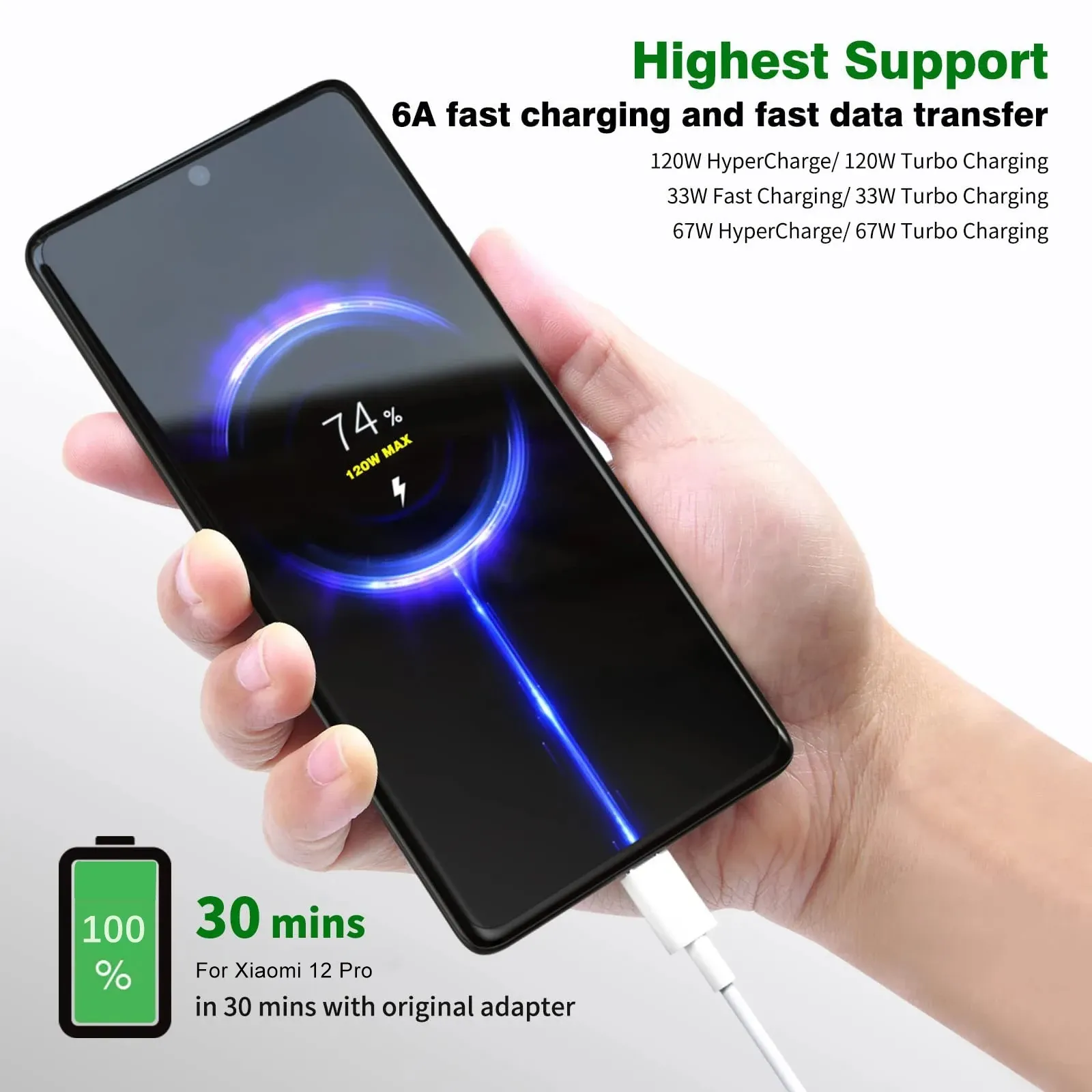Câble USB-C à charge rapide 120 W / 6 A pour Xiaomi, compatible Mi 17 Ultra, Redmi Note 15 Pro+ et POCO X7 2