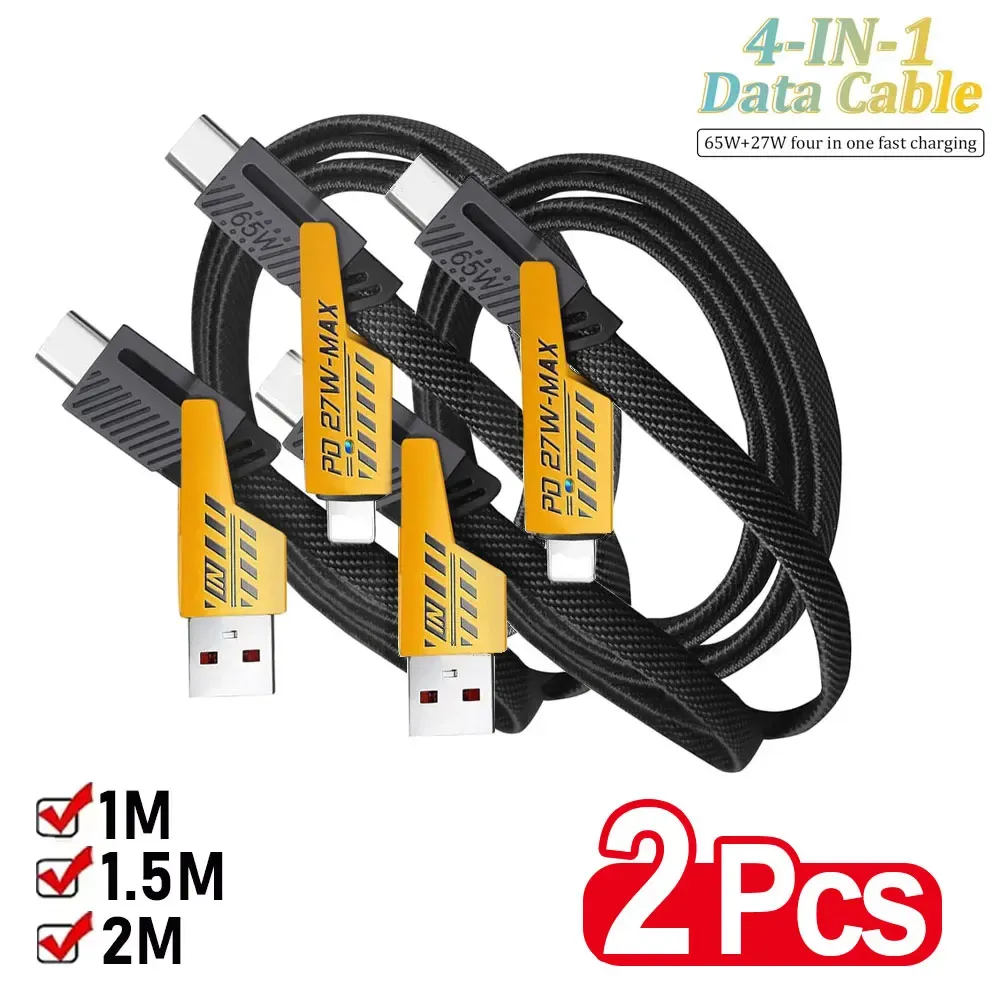 2 câbles de données 4 en 1 Mecha à charge rapide, cordon PD 27 W pour iPhone 15, Samsung, Xiaomi, 65 W USB Type-C, câble de charge multi-ports 1