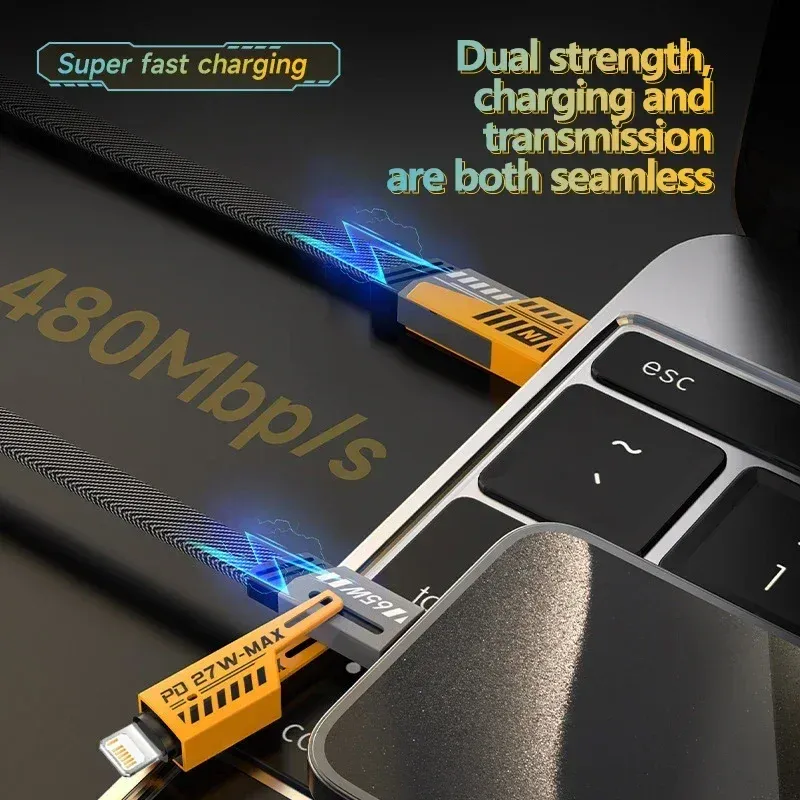 2 câbles de données 4 en 1 Mecha à charge rapide, cordon PD 27 W pour iPhone 15, Samsung, Xiaomi, 65 W USB Type-C, câble de charge multi-ports 5