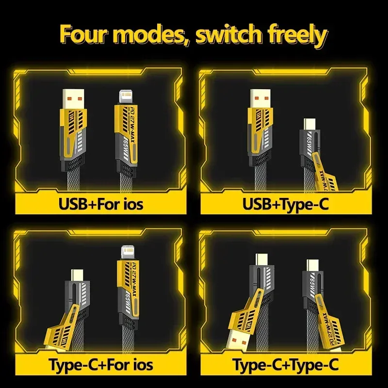 2 câbles de données 4 en 1 Mecha à charge rapide, cordon PD 27 W pour iPhone 15, Samsung, Xiaomi, 65 W USB Type-C, câble de charge multi-ports 6