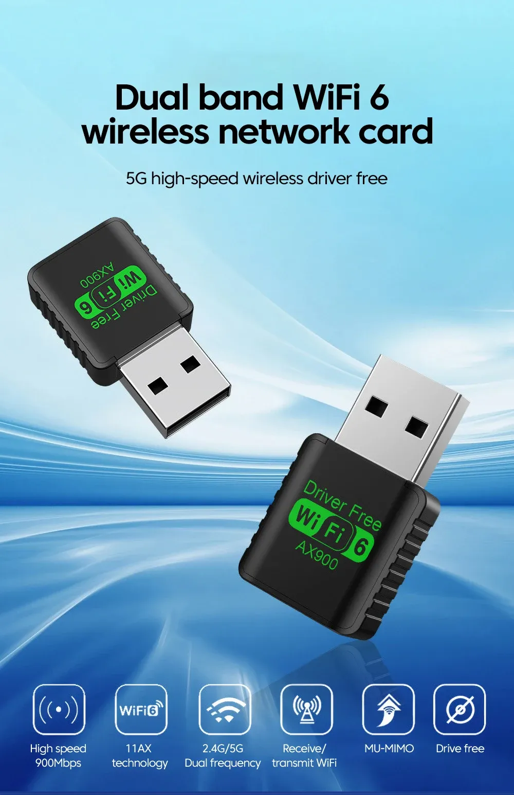 Carte réseau sans fil Wi-Fi 6 double bande, vue détaillée du produit