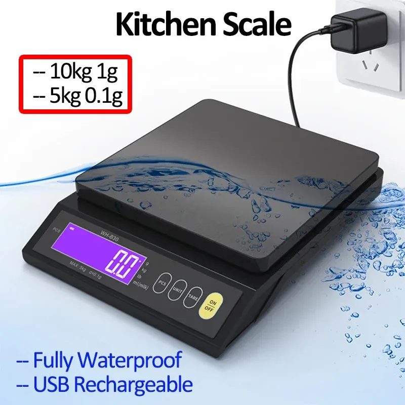 Balance de cuisine électronique numérique 5 kg/0,1 g – 10 kg/1 g, écran LCD, entièrement étanche, plateau en acier inoxydable, outil de cuisson