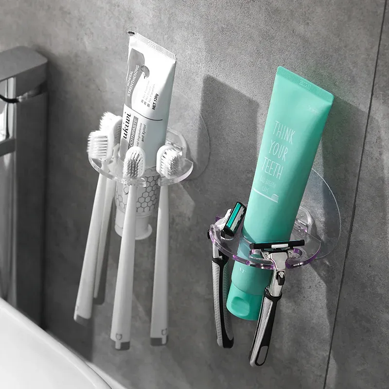 Porte-brosse à dents mural auto-adhésif sans perçage, avec support pour dentifrice et rasoir