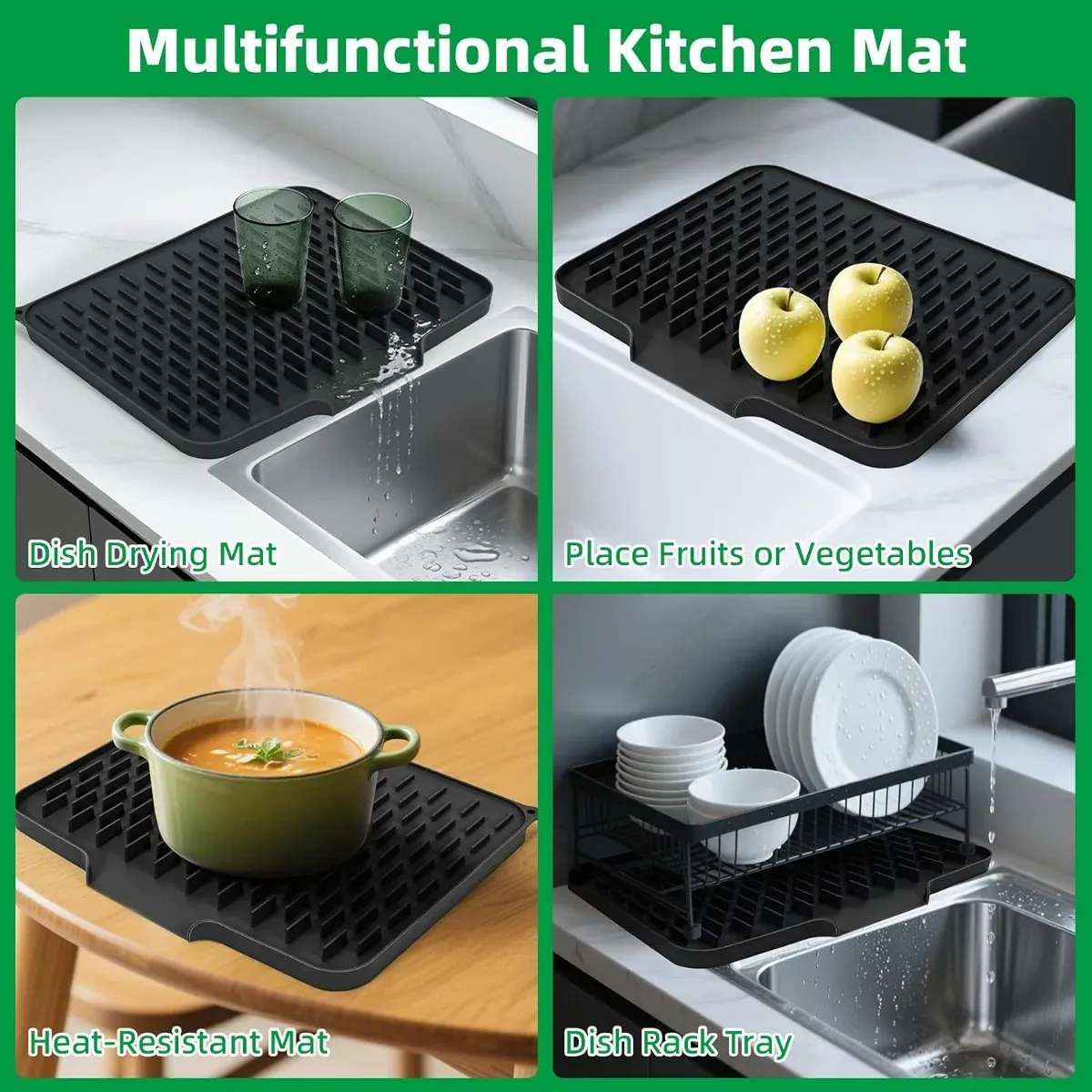 Tapis de cuisine en silicone avec système de drainage intégré, facile à nettoyer, pour plans de travail, éviers et réfrigérateurs 4