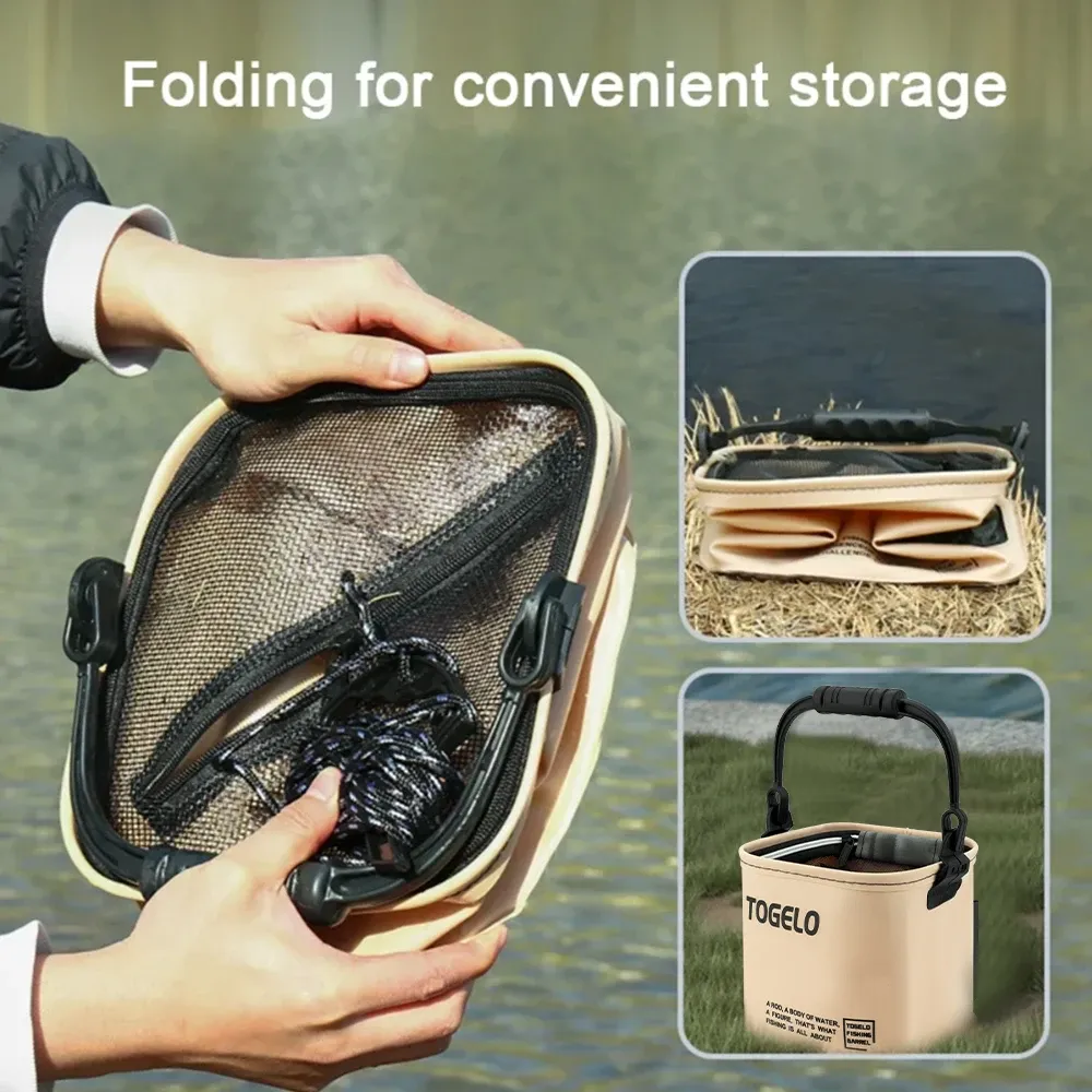 Seau de pêche pliable multifonction 8 L / 13 L à poignée ergonomique et étanche 2