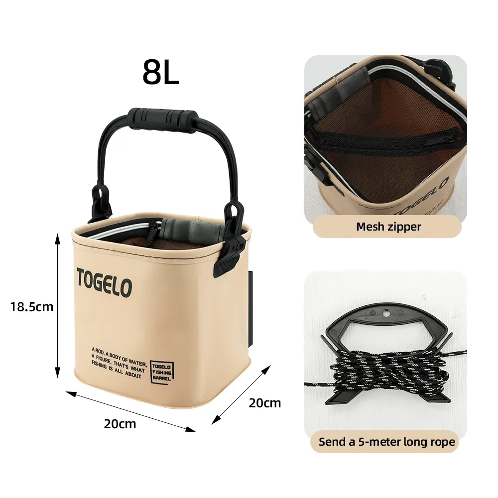 Seau de pêche pliable multifonction 8 L / 13 L à poignée ergonomique et étanche 7
