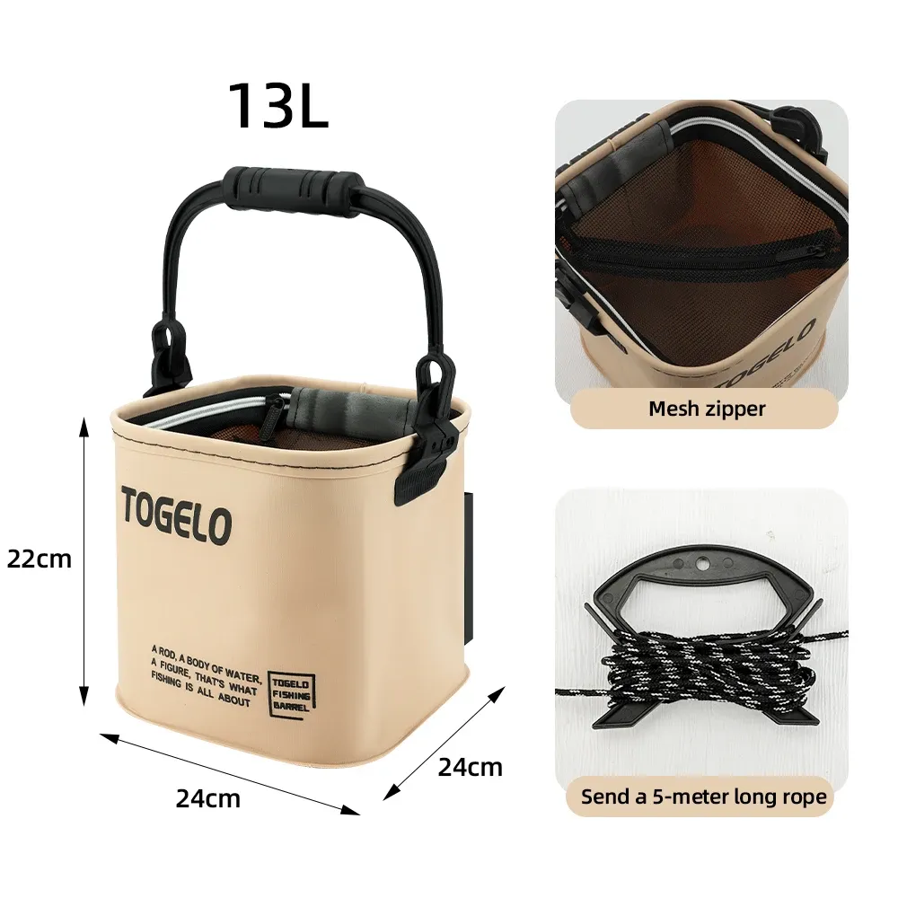 Seau de pêche pliable multifonction 8 L / 13 L à poignée ergonomique et étanche 8