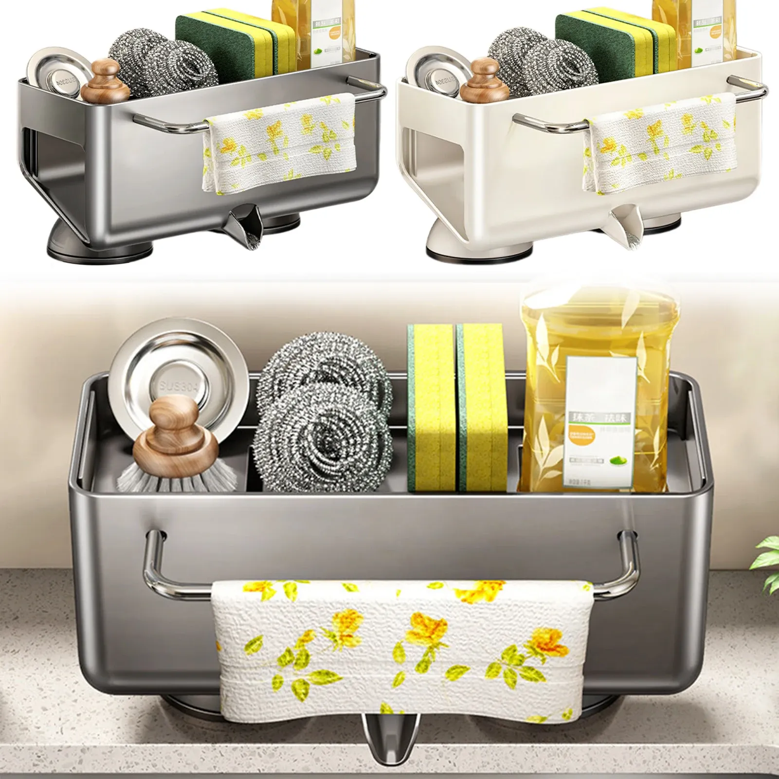Porte-éponge pour évier de cuisine auto-drainant incliné à 45°, étagère de rangement pour plan de travail - Image 1