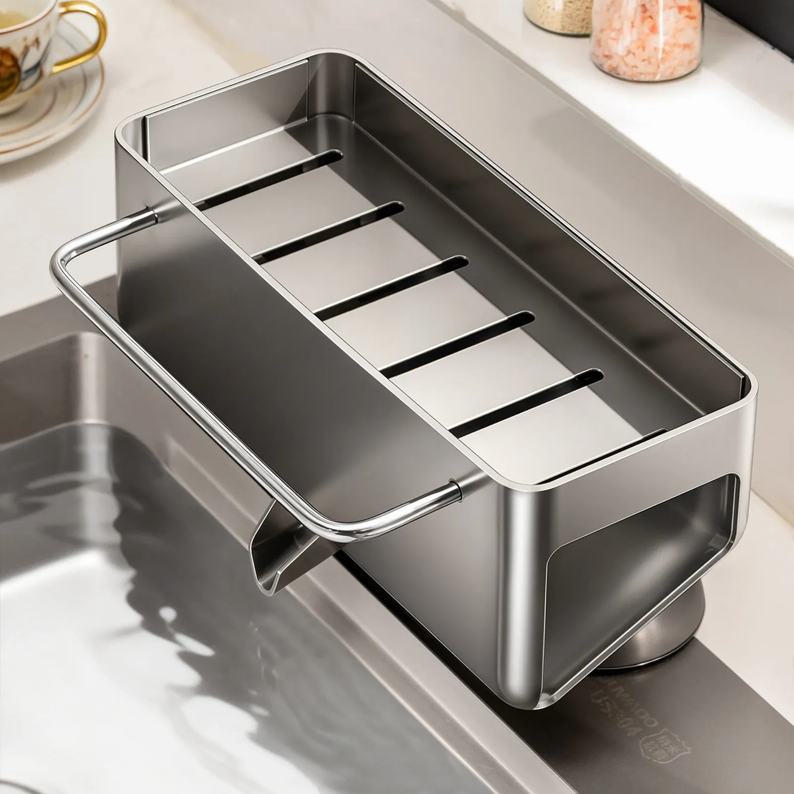 Porte-éponge pour évier de cuisine auto-drainant incliné à 45°, étagère de rangement pour plan de travail 6