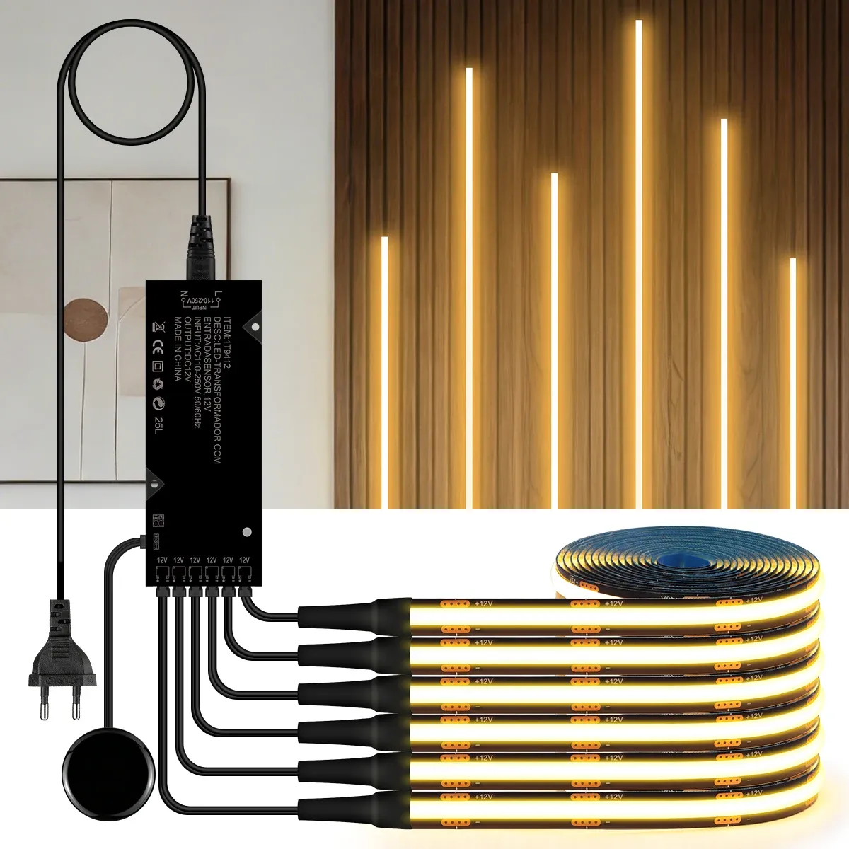 Bande LED COB noire à intensité variable tactile pour panneau acoustique en bois de noyer, fond de télévision et décor d'armoire