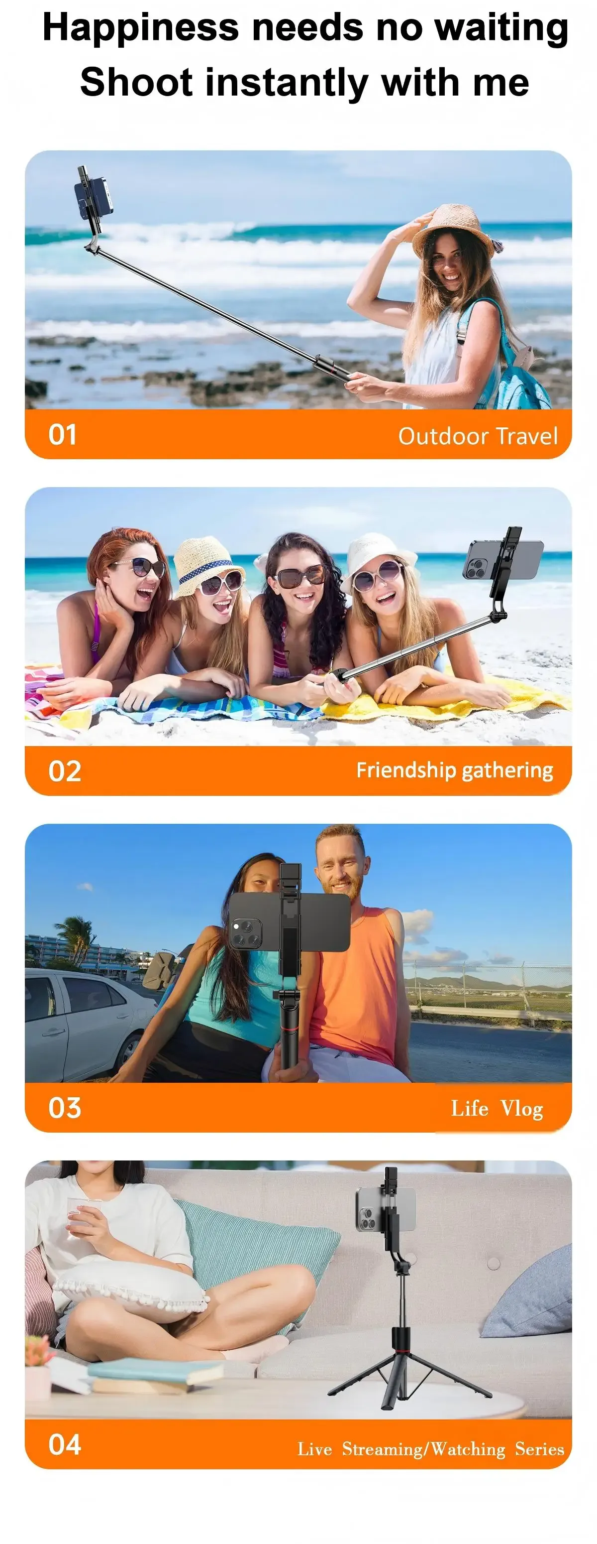 Trépied perche à selfie sans fil pour smartphone, vue d'ensemble