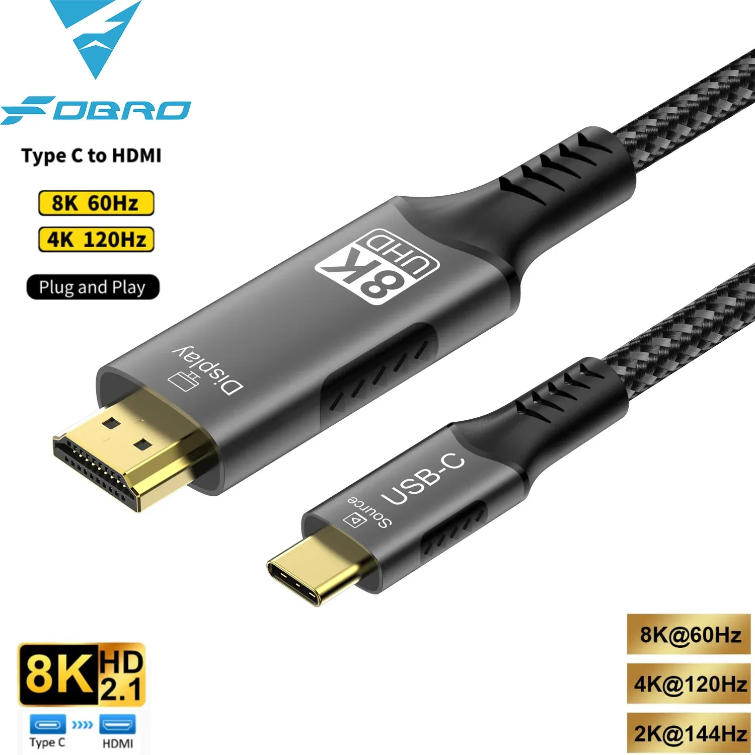 Câble USB-C vers HDMI 8K @ 60Hz, 4K @ 120Hz, compatible HDTV pour convertisseur TV, MacBook Air et iPad USB-C