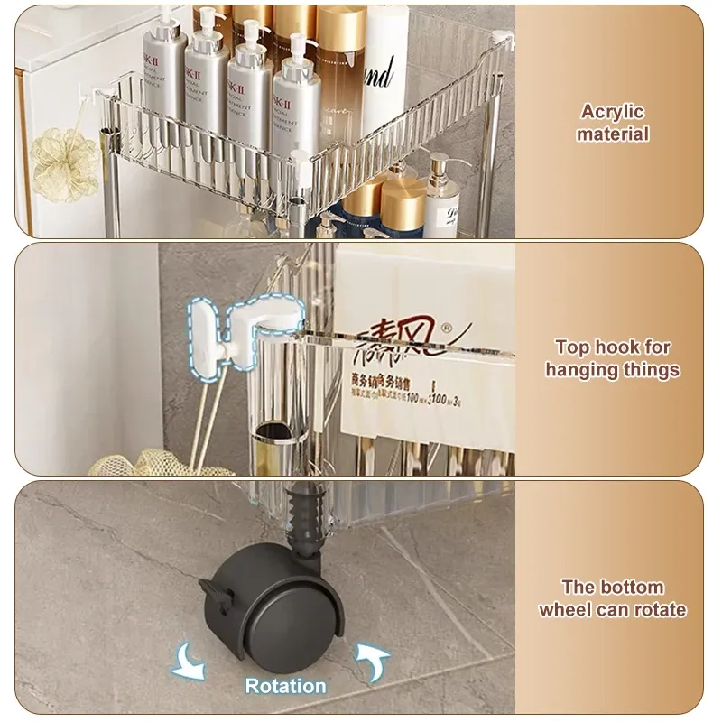 Support de rangement mobile, organisateur de chariot à roulettes, armoire de rangement en acrylique à fente étroite pour salle de bain, organisateur multicouche pour la maison 2
