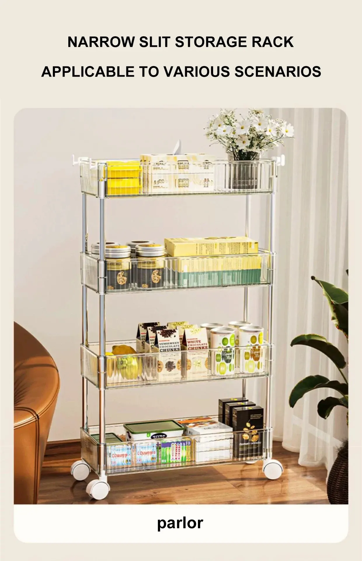 Support de rangement mobile en acrylique transparent au design minimaliste