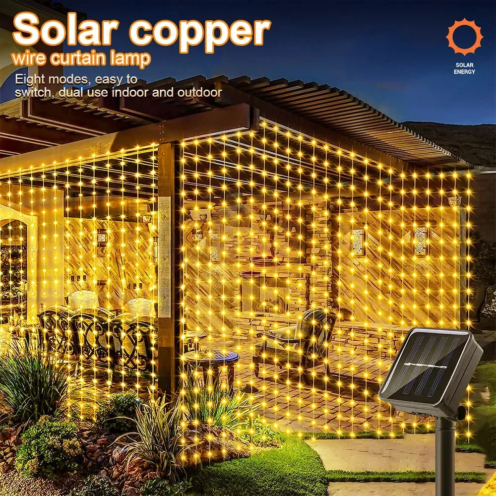 Rideau lumineux LED solaire pour extérieur, guirlande féerique en fil de cuivre pour jardin et fêtes