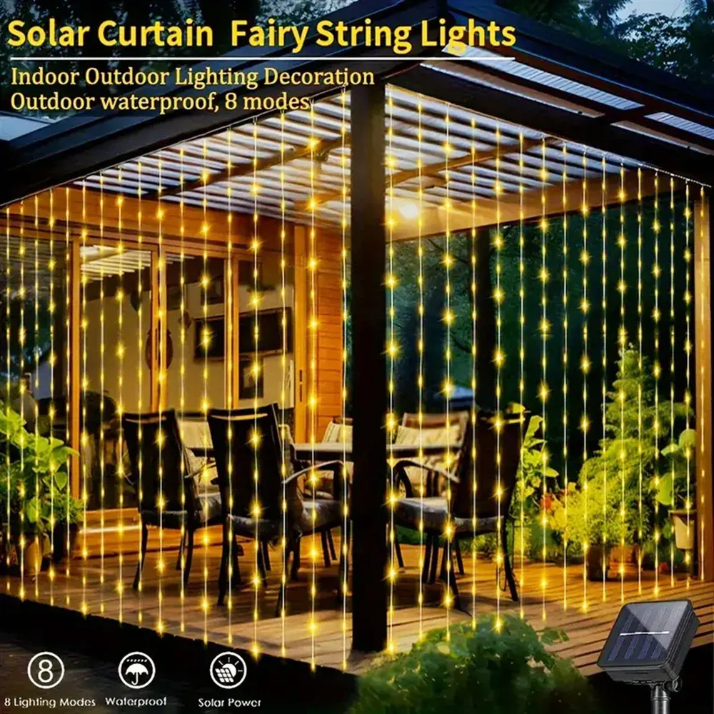 Rideau lumineux LED solaire pour extérieur, guirlande féerique en fil de cuivre pour jardin et fêtes 4