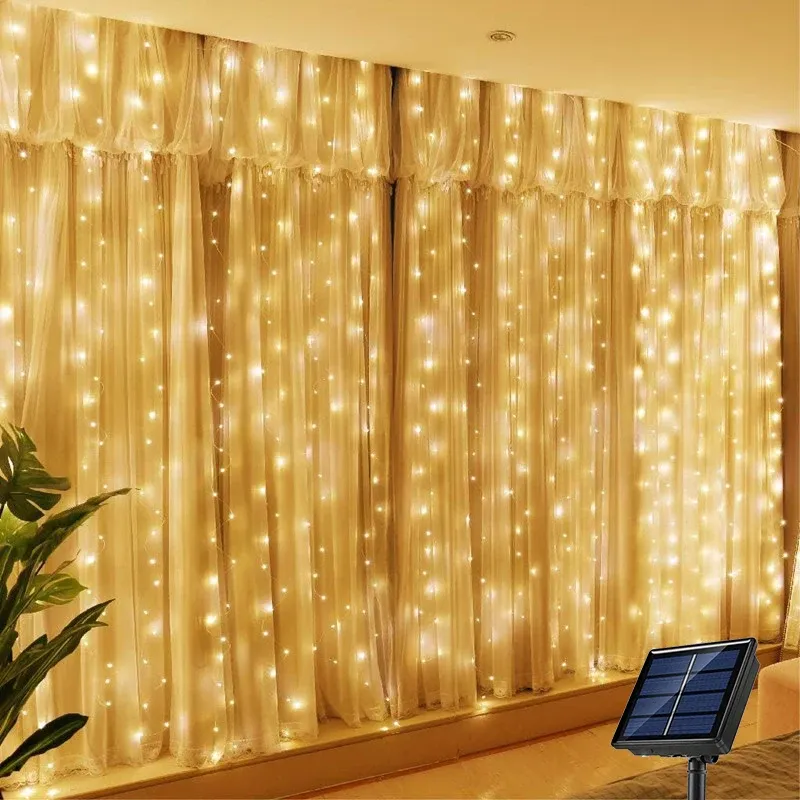Rideau lumineux LED solaire pour extérieur, guirlande féerique en fil de cuivre pour jardin et fêtes 8