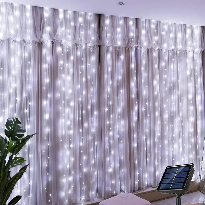 Rideau lumineux LED solaire pour extérieur, guirlande féerique en fil de cuivre pour jardin et fêtes 7