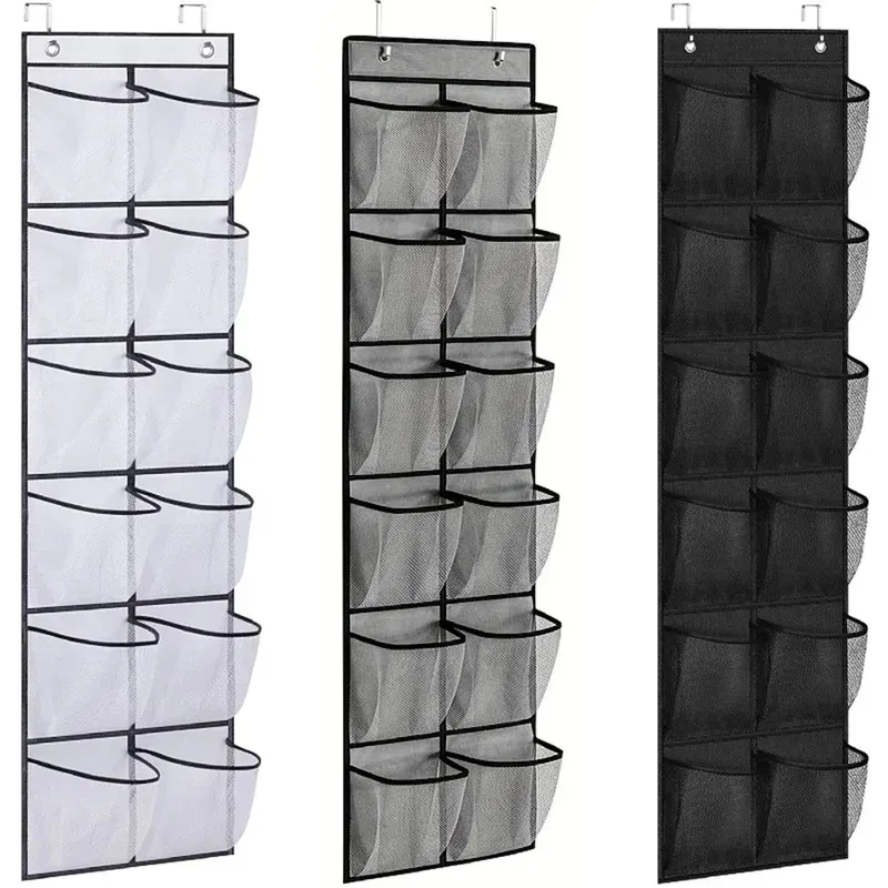 Organisateur de chaussures à suspendre à la porte, 12 poches, grandes poches en maille avec 2 crochets, rangement pour chaussures en tissu transparent pour chambre
