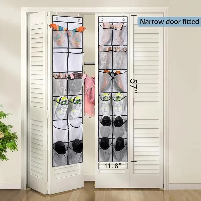 Organisateur de chaussures à suspendre à la porte, 12 poches, grandes poches en maille avec 2 crochets, rangement pour chaussures en tissu transparent pour chambre 4