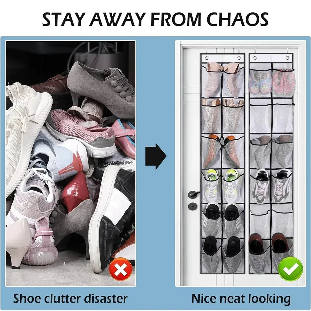 Organisateur de chaussures suspendu sur porte, ambiance chambre