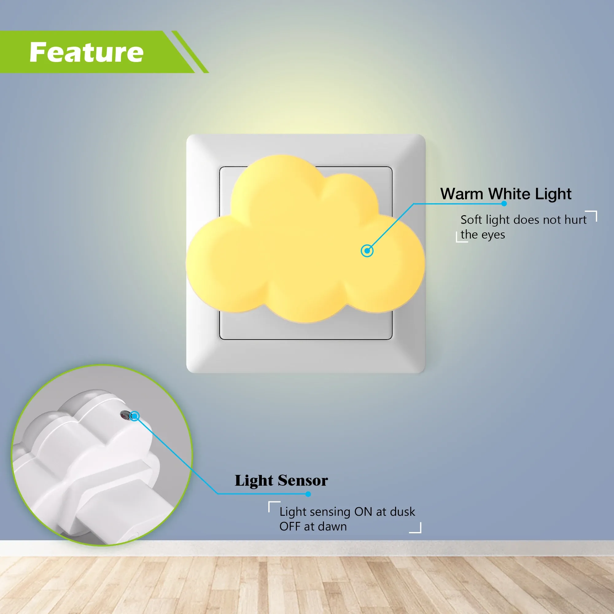 Veilleuse LED nuage avec capteur de lumière, allumage et extinction automatiques, à brancher, pour chambre d'enfant, escalier, couloir et tête de lit 4