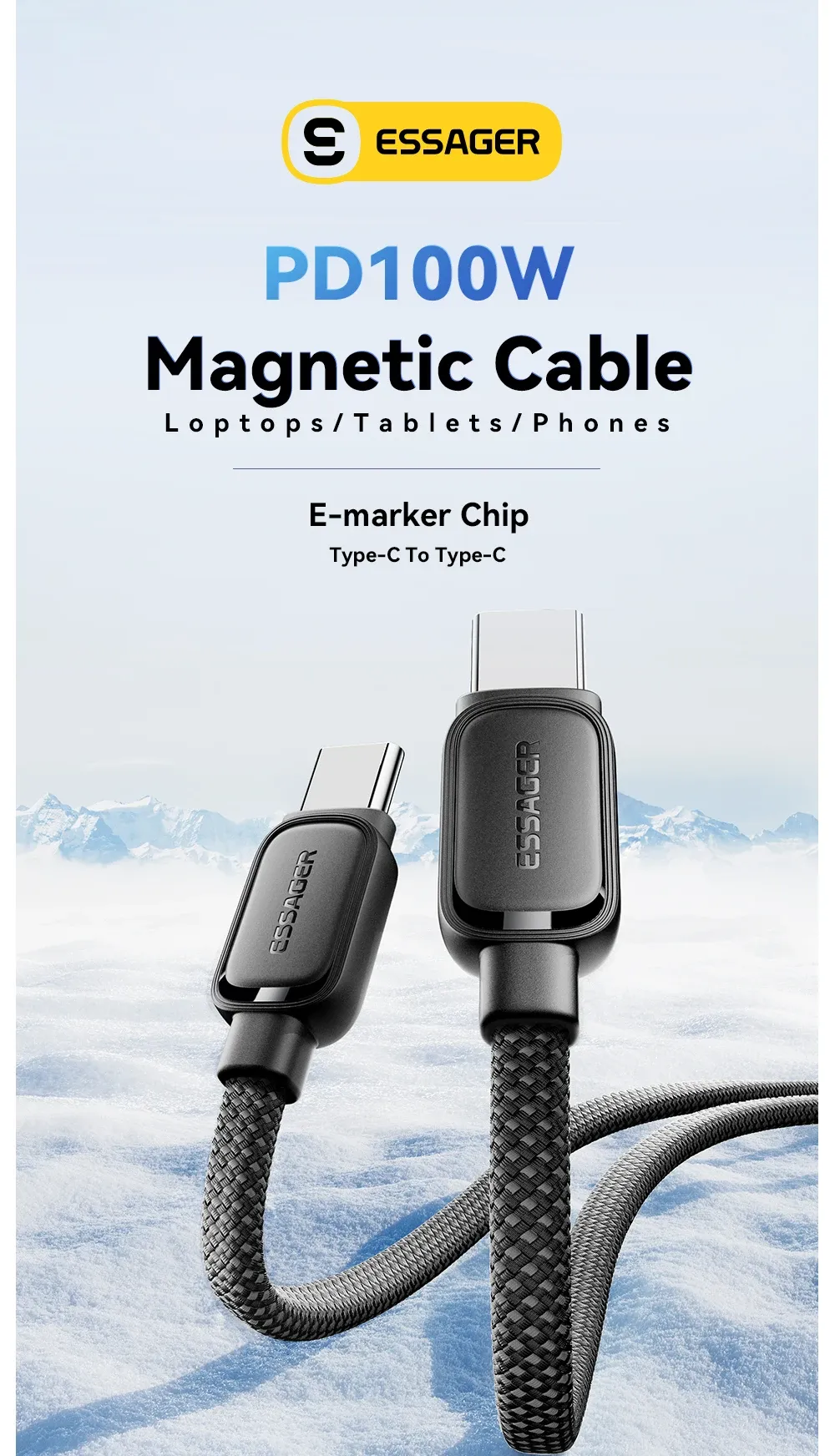 Câble USB-C magnétique rétractable Essager, vue d'ensemble