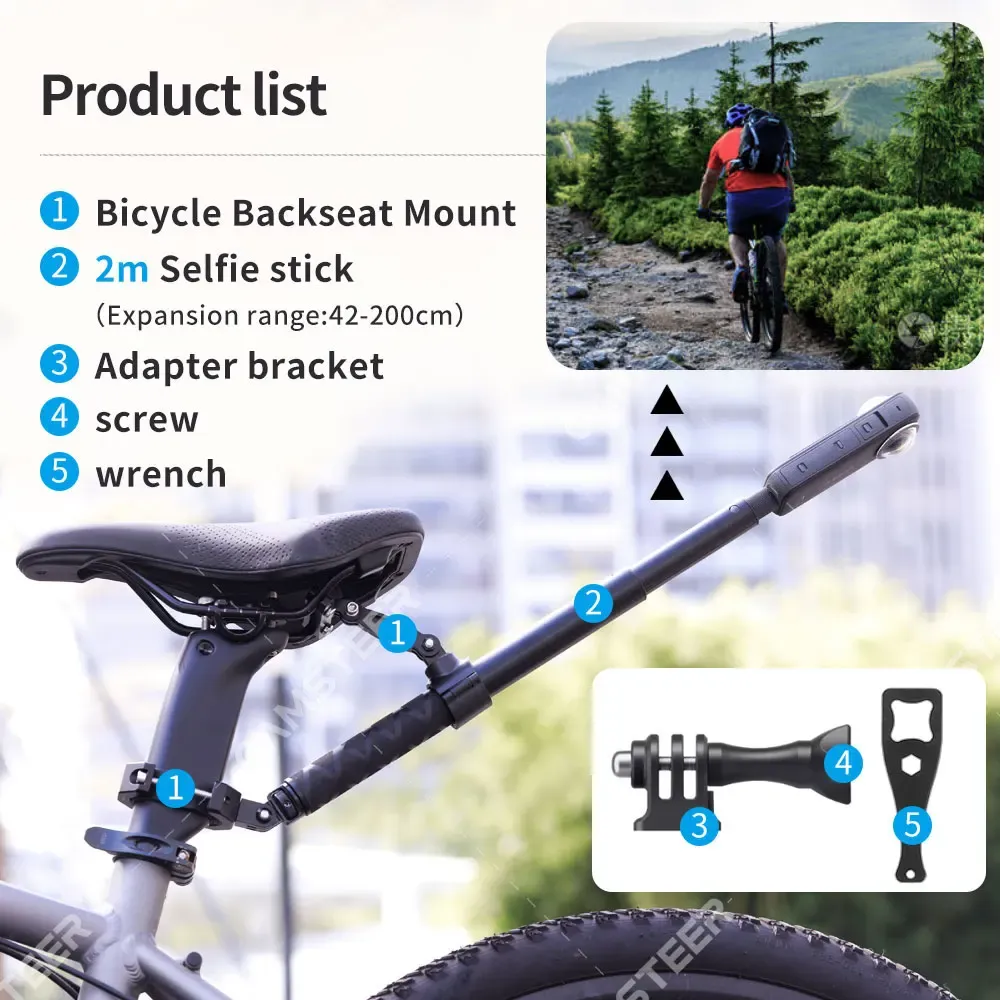 Support de montage pour siège arrière de vélo Camsteer, vue à la troisième personne, support de caméra compatible GoPro 13 12 pour Insta360 X6 X5 AcePro DJI Osmo360 Action 6 5Pro 11