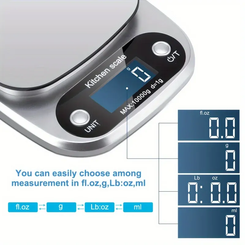 Balance de cuisine numérique de précision Essentia, capacité 5 kg/10 kg, écran LCD, arrêt automatique, fonctionnement à piles (piles AAA non incluses) 4