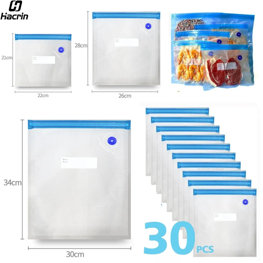 Sacs sous vide réutilisables pour aliments, sans BPA, à fermeture zip – Lot de 10 ou 30