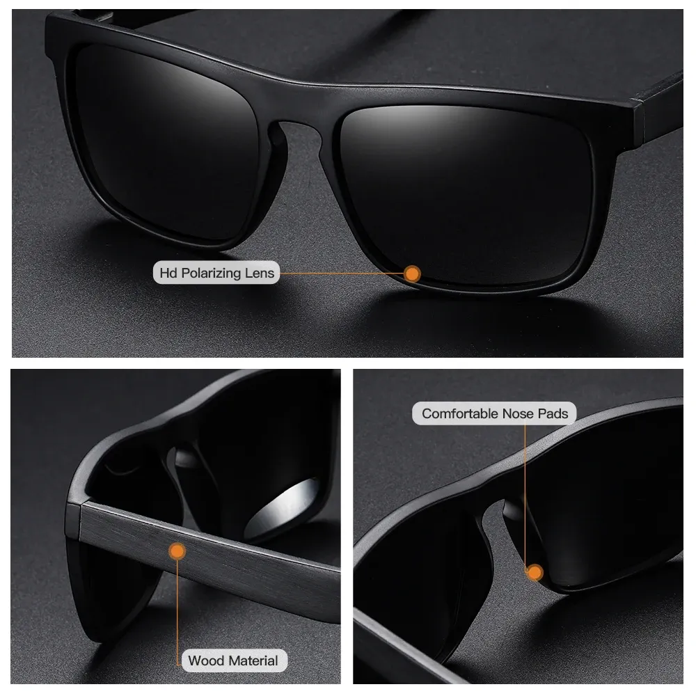 Lunettes de soleil polarisées en bois noir pour homme, verres rouges UV400, réf. S5523 5