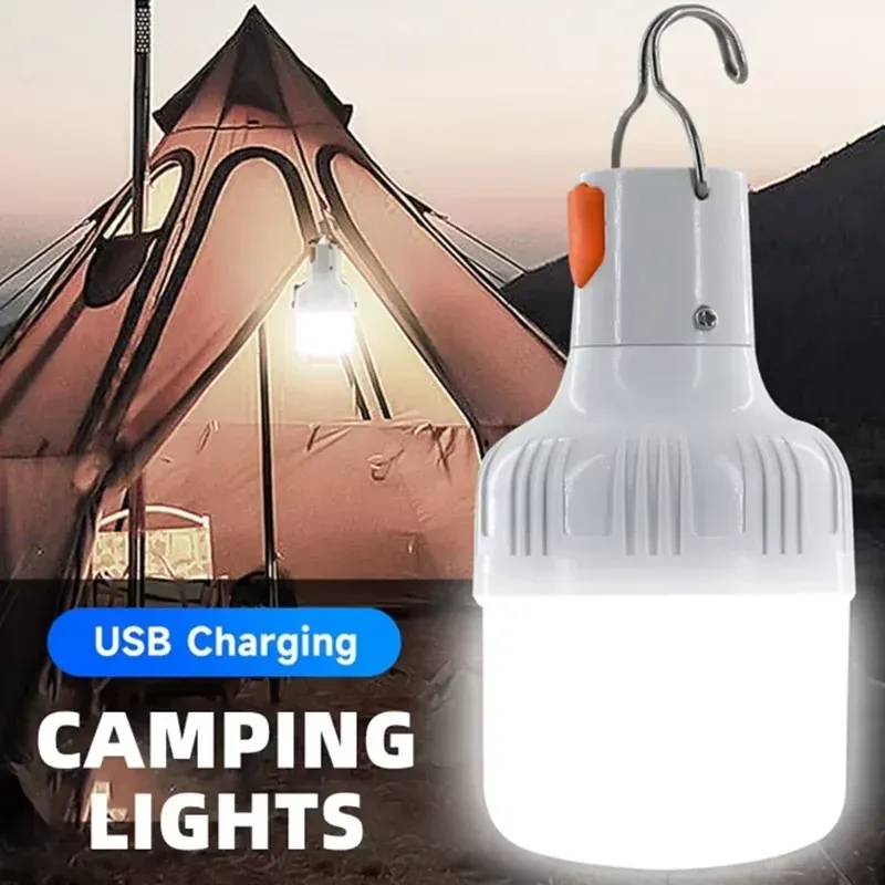 Ampoule LED rechargeable par USB avec crochet, lampe d'urgence portable pour le camping, la pêche, la randonnée et la sécurité en plein air
