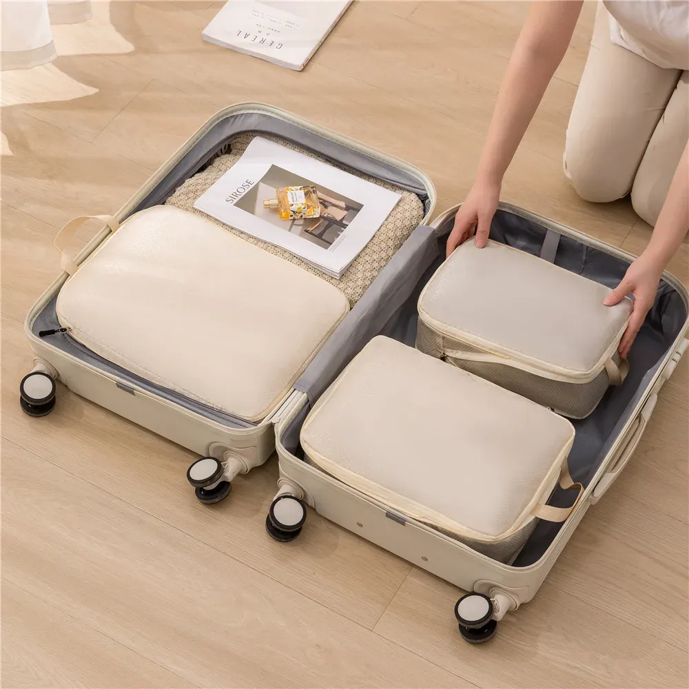 3 pièces Ensemble de Rangement Pour Voyage Compressible Multifonction, Organisateurs de Bagages Étanches en Nylon Portables, Rose 2