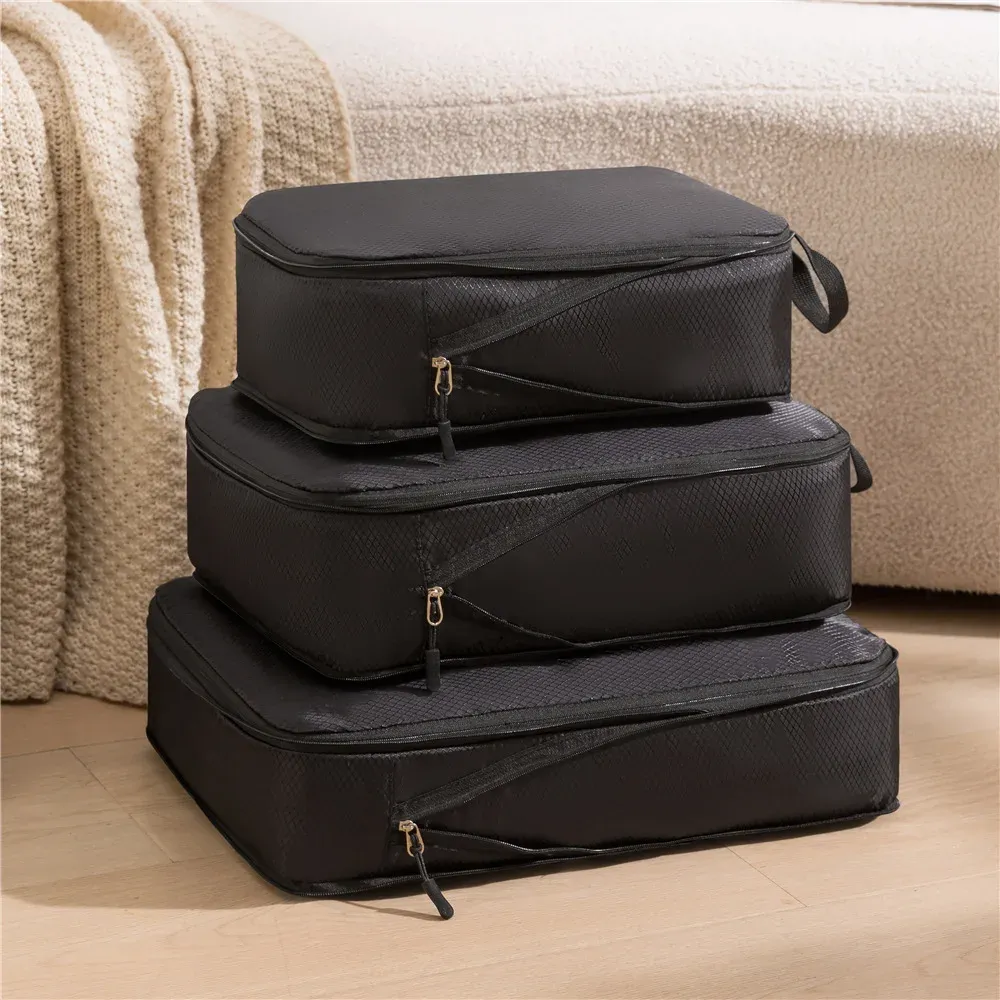 3 pièces Ensemble de Rangement Pour Voyage Compressible Multifonction, Organisateurs de Bagages Étanches en Nylon Portables, Rose