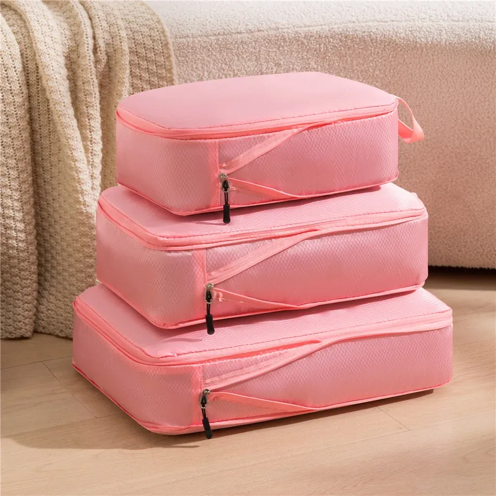 3 pièces Ensemble de Rangement Pour Voyage Compressible Multifonction, Organisateurs de Bagages Étanches en Nylon Portables, Rose 9