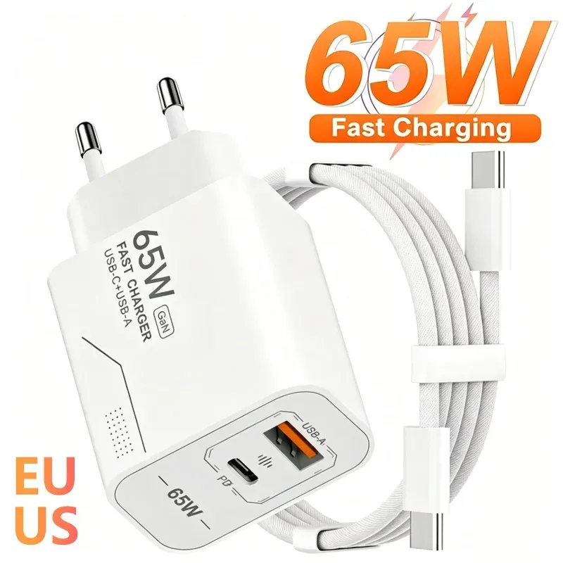 Chargeur USB-C GaN 65 W à 2 ports, charge rapide, adaptateur secteur pour iPhone, Samsung, Xiaomi, prise EU/US, chargeur mural