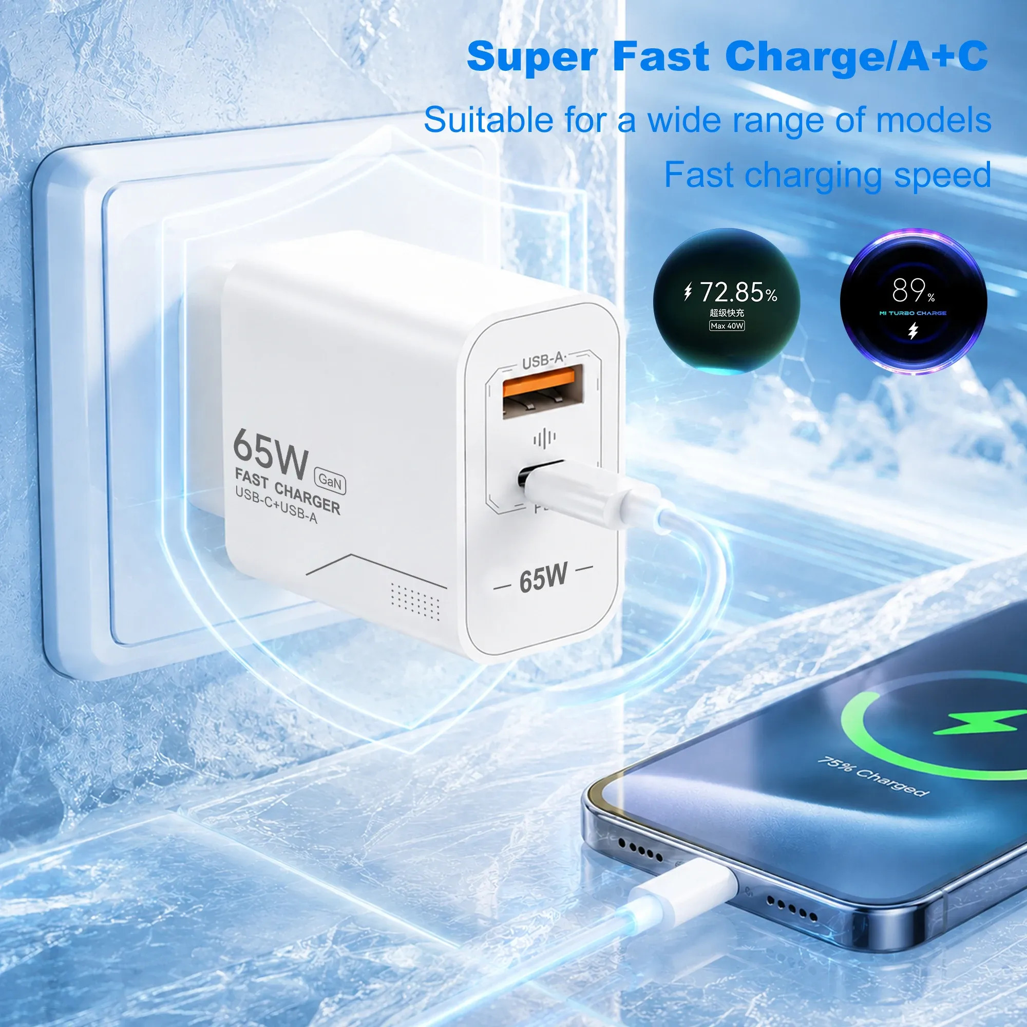 Chargeur USB-C GaN 65 W à 2 ports, charge rapide, adaptateur secteur pour iPhone, Samsung, Xiaomi, prise EU/US, chargeur mural 2