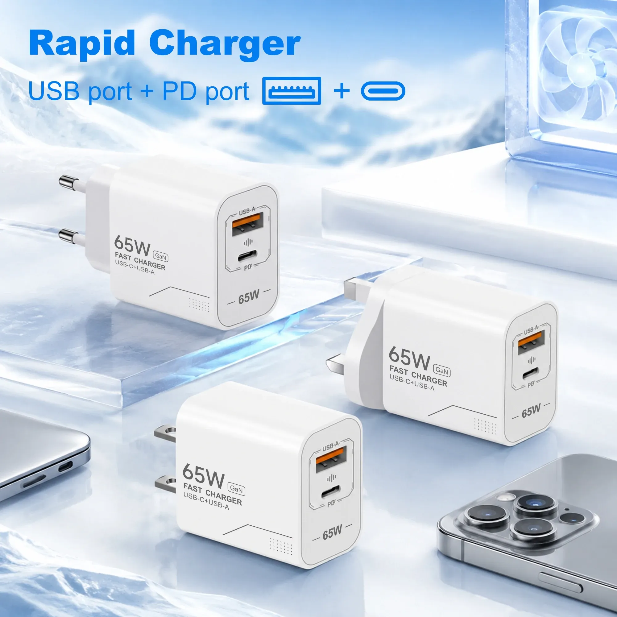 Chargeur USB-C GaN 65 W à 2 ports, charge rapide, adaptateur secteur pour iPhone, Samsung, Xiaomi, prise EU/US, chargeur mural 4