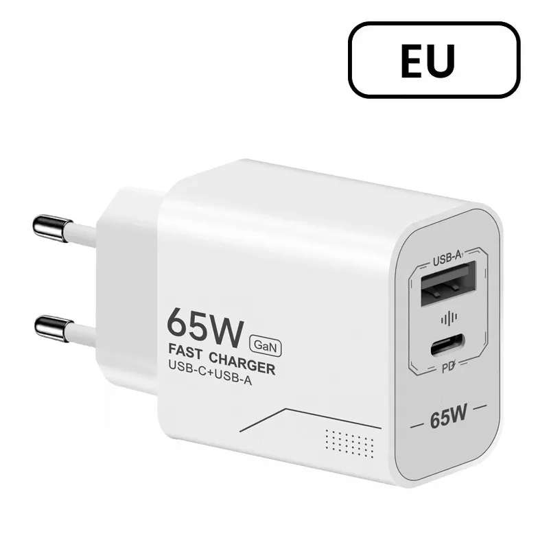 Chargeur USB-C GaN 65 W à 2 ports, charge rapide, adaptateur secteur pour iPhone, Samsung, Xiaomi, prise EU/US, chargeur mural 10