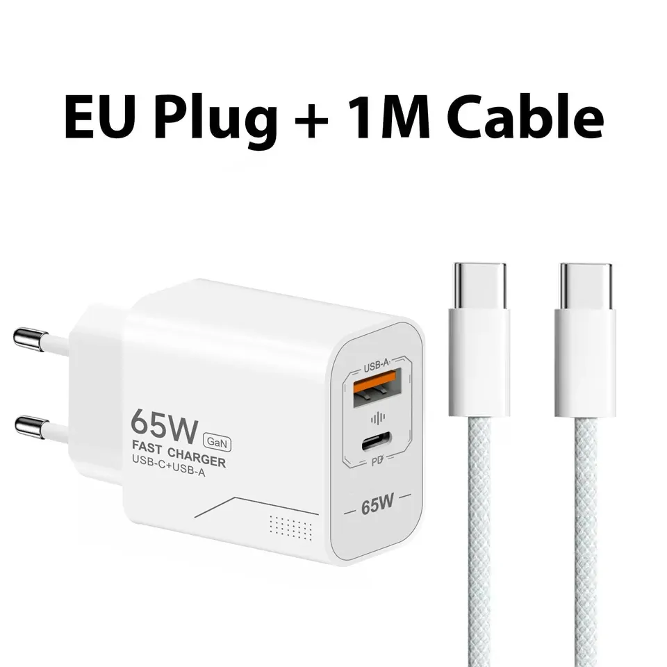 Chargeur USB-C GaN 65 W à 2 ports, charge rapide, adaptateur secteur pour iPhone, Samsung, Xiaomi, prise EU/US, chargeur mural 7