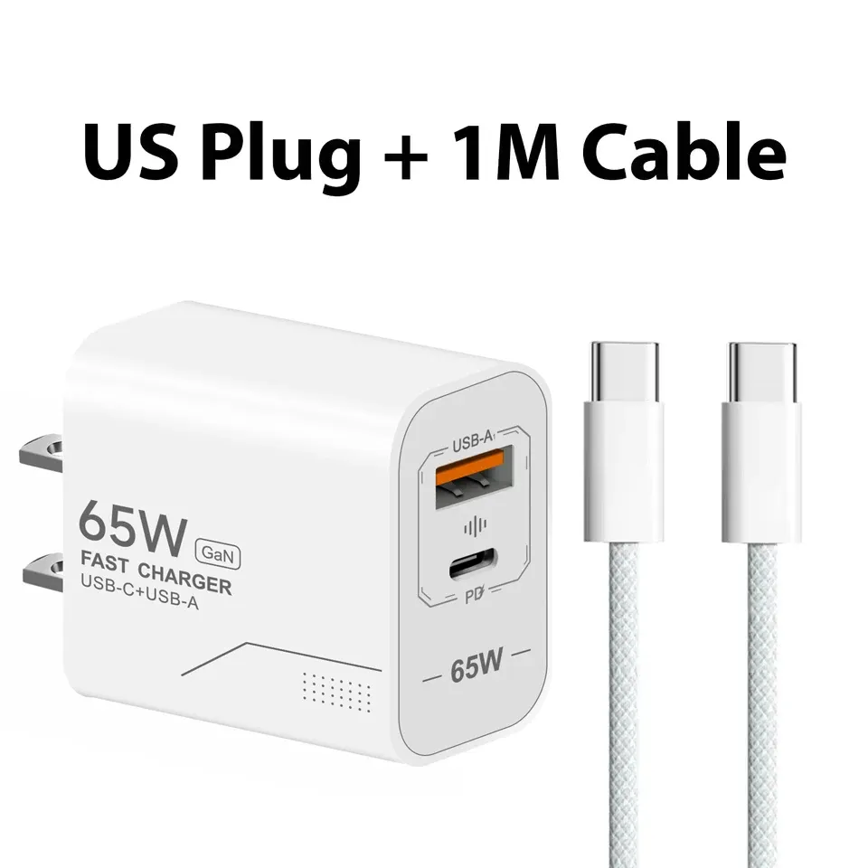 Chargeur USB-C GaN 65 W à 2 ports, charge rapide, adaptateur secteur pour iPhone, Samsung, Xiaomi, prise EU/US, chargeur mural 8